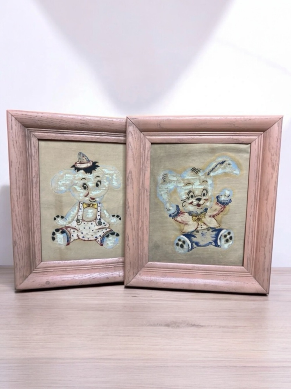 Vintage 50s Children’s Bedroom Decor Painted Framed Canvas Bunnies & Elephants